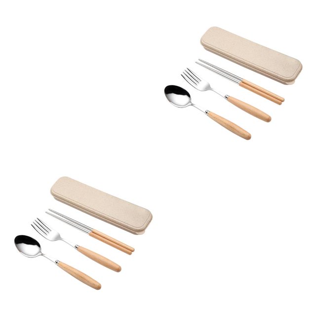 yingyy 1/2 Wood Handle Stainless Steel Spoon Fork Chopsticks Travel Picnic Tableware Set 3pcs 2PCS