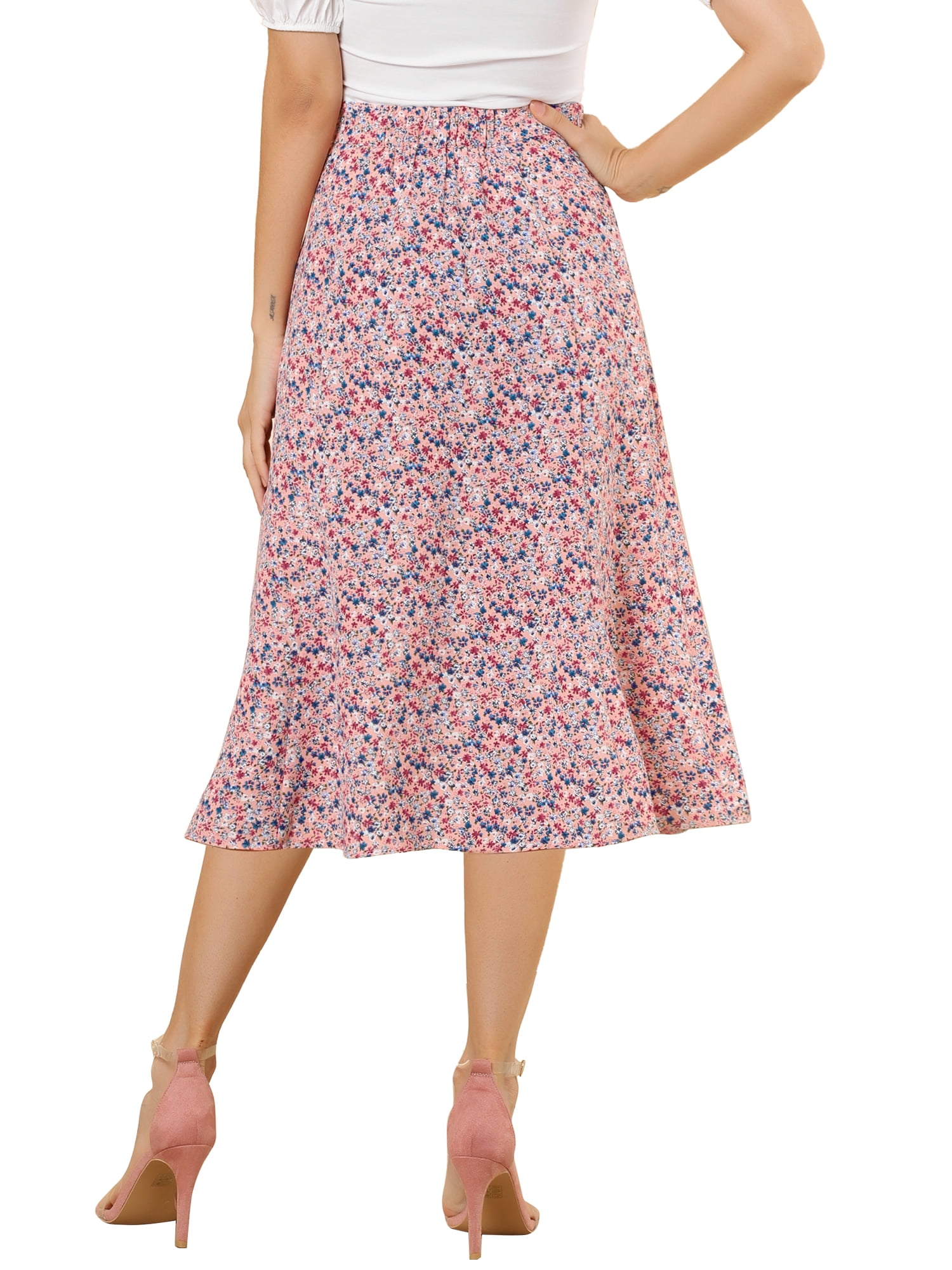 DARING DIVA Women's Elastic Waist A-Line Floral Print Midi Skirt S Pink