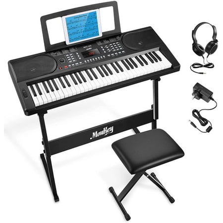 Moukey MEK-200 61 Key, Full-Size Electric Portable Keyboard Piano with Music Stand, Bench, Power Adapter and Headphones, Black