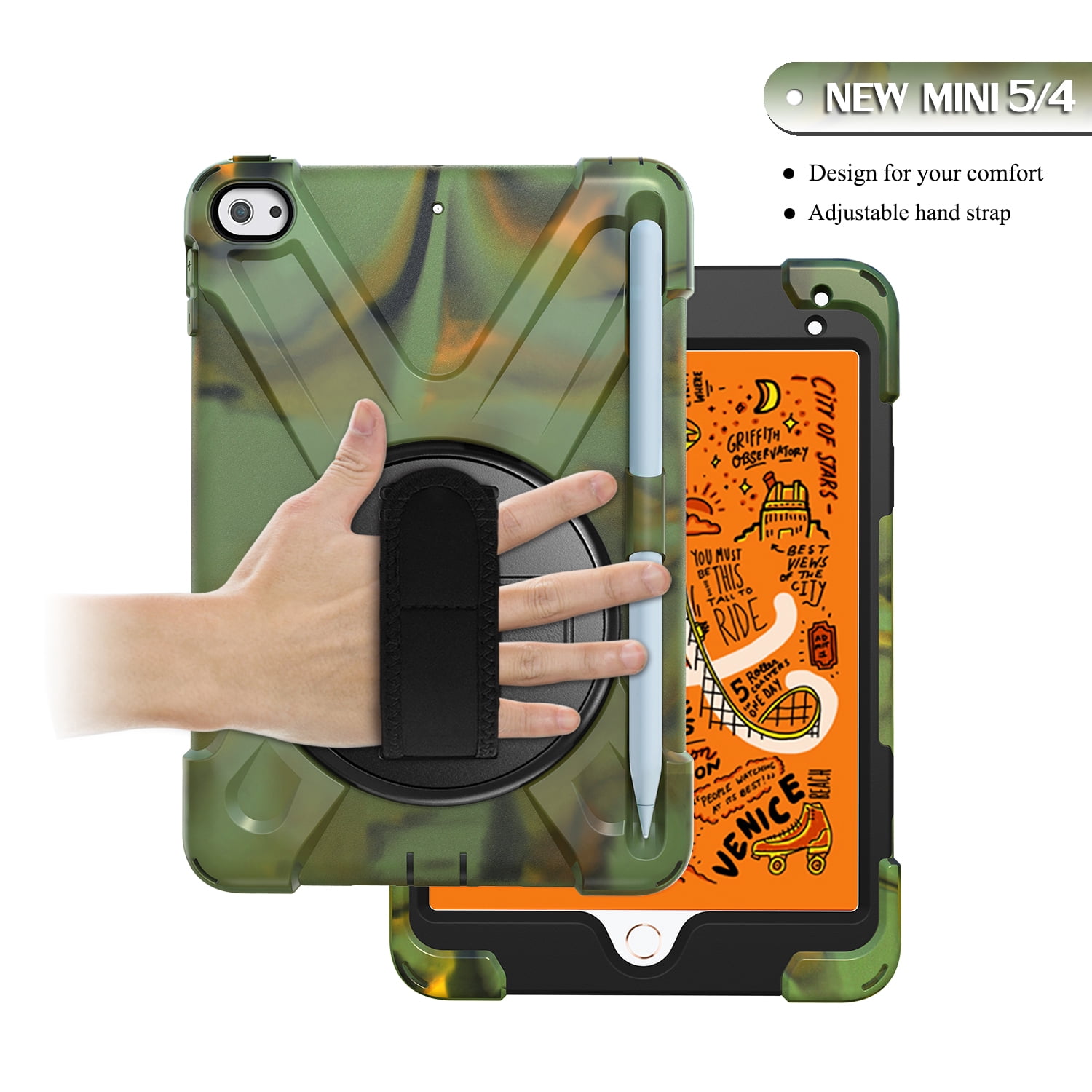 iPad Mini 5 Case for Kids, iPad Mini 5/Mini 4 Case Shockproof, Heavy Duty Protective Rugged iPad Mini Case with Pencil Holder /Kickstand Case for iPad Mini 5th/4th Generation 7.9 Inch - ARMYGREEN