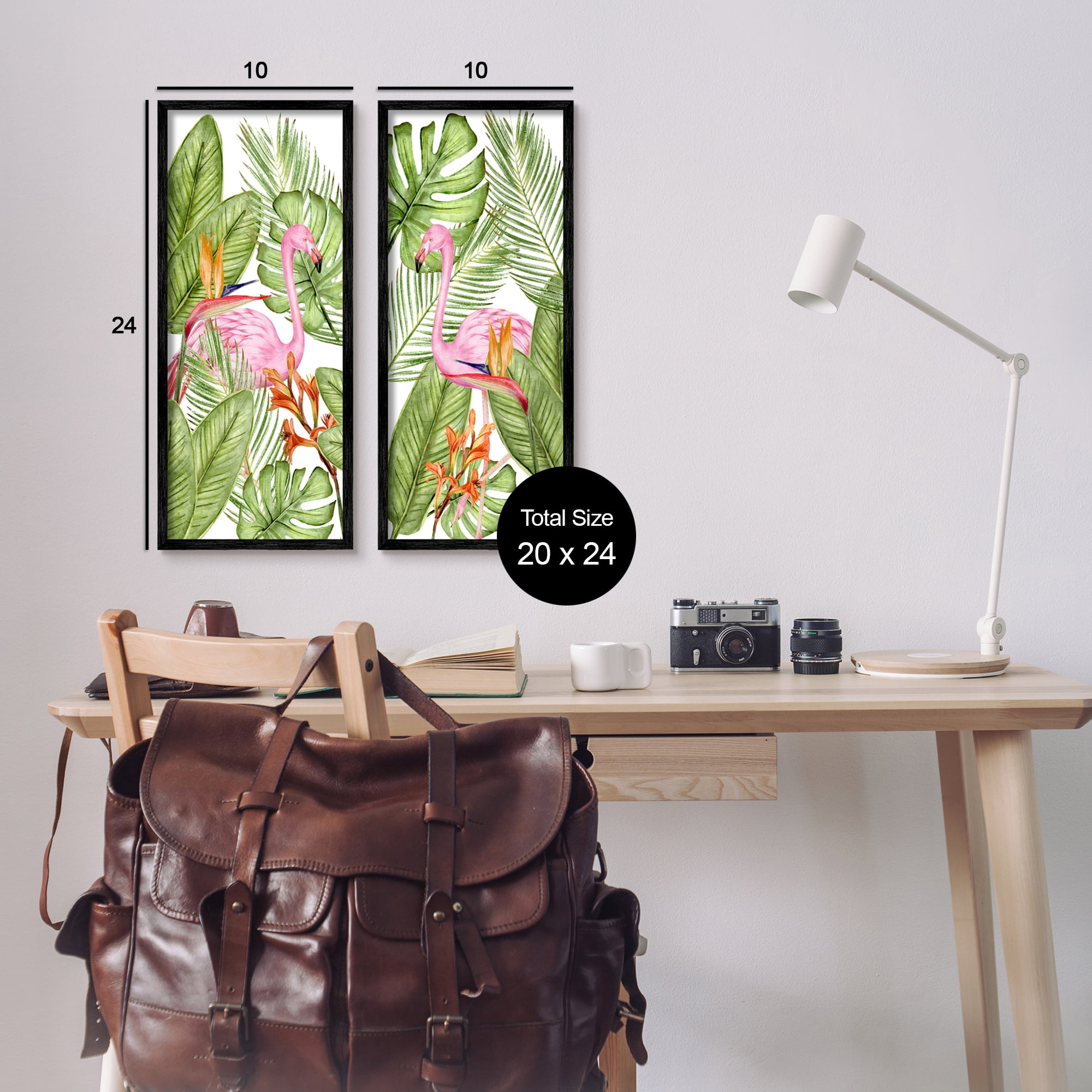 Stupell Industries Flamingos & Topical Plants Botanical & Floral Painting Black Framed Art Print Wall Art, 10 x 24, Set of 2