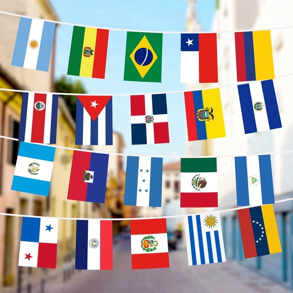 G128 Latin America Countries Bunting Banner | 20 Country Flags, 12 x 18 Inch Pennants, 30 ft String | Printed 150D Polyester | Decorations for School, Festival, Sports Events, Celebrations