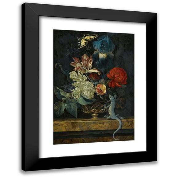 Willem van Aelst 11x14 Black Modern Framed Museum Art Print Titled - A Still Life with Tulips and Other Flowers in a Vase on a Marble Ledge, with a Lizard and a Butterfly