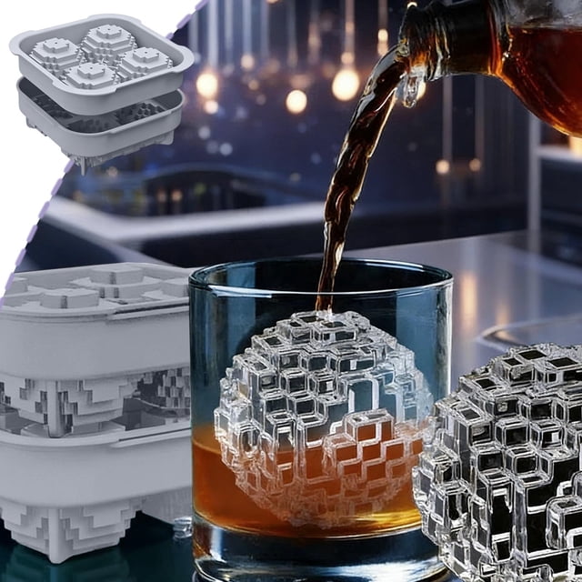 Bandeja de cubitos de whisky con tapa - molde grande de hielo de silicona 3D de 4 cavidades, sílice de grado alimentario, gris/negro, caja de hielo reutilizable para bebidas caseras