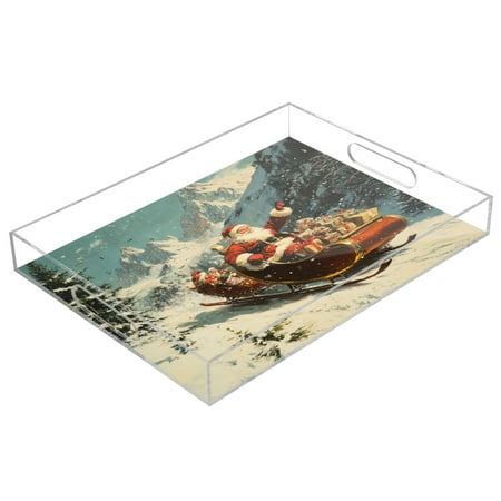 

WOBOGO Acrylic Serving Trays 15.7x11.8 Inch Spill Proof Clear Decorative Organizer with Handle Santa Claus Giving Presents
