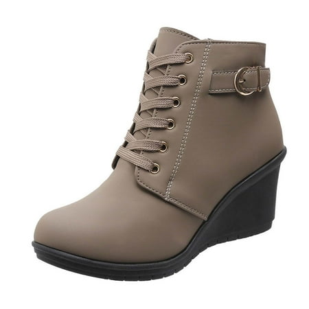

hopeusnice Women s Wedge Boots Lace Up Buckle Ankle Booties Comfortable Suede Platform Wedge Heel Fall Winter Shoes Khaki 36
