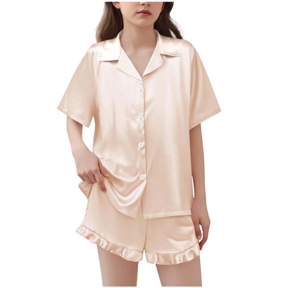 ZQUUVOU Kids Silk Pajama Set Satin Short Sleeve Solid Lapel Top Shorts Button Down Cardigan Loungewear Sleepwear for 5-15 Years Beige