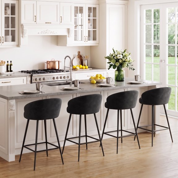 Andeworld Barstools Set of 4,26 Inch Counter Height Velvet Barstools with Back and Metal Legs, Bar Chairs for Kitchen lsland, Dark Grey