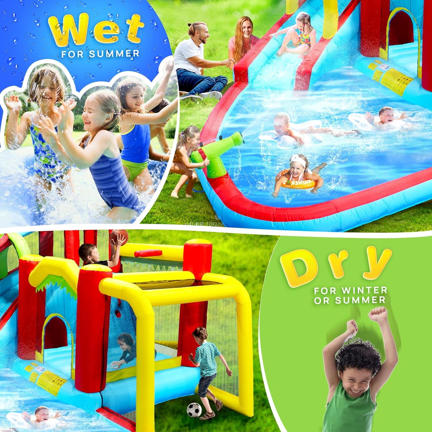 HNH 7 in 1 Inflatable Slide Water Park 177"x138"x95"H, Inflatable Bounce Houses for Kids with Splash Pool Water Gun