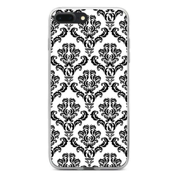 DistinctInk Clear Shockproof Hybrid Case for iPhone 7 PLUS / 8 PLUS (5.5" Screen) - TPU Bumper, Acrylic Back, Tempered Glass Screen Protector - White Black Damask Pattern - Floral Damask Pattern