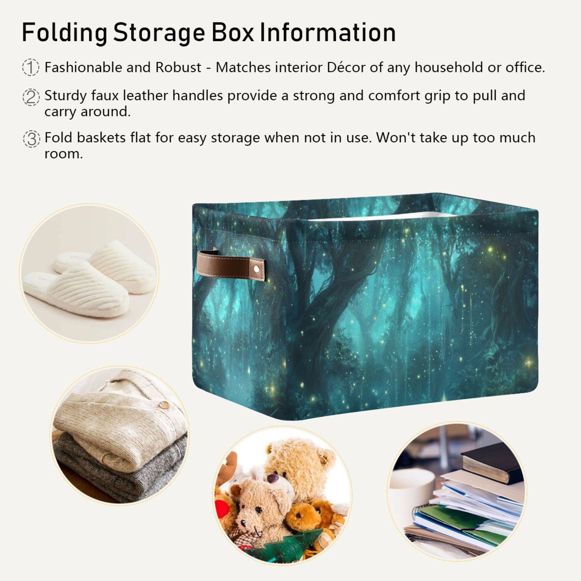 Yayeee Canvas Storage Basket with Handles for Shelves Fabric Bins Closet Organizer, Magical Forest