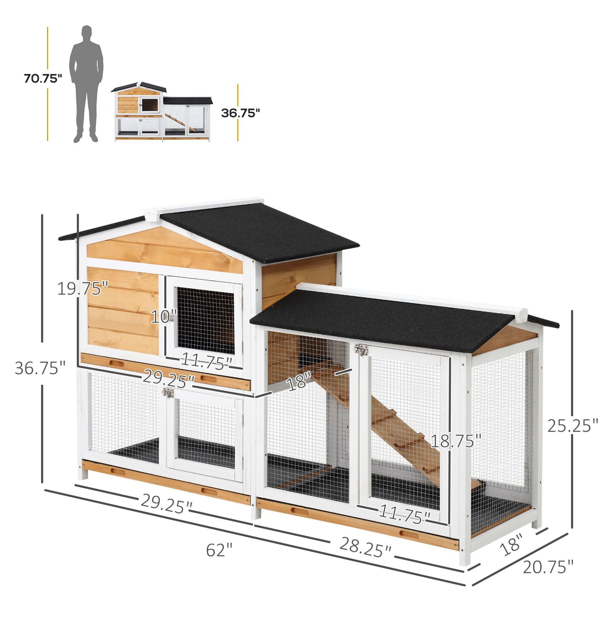 Outdoor Rabbit Hutch 2-Story Wooden Bunny Cage with Ramp Weatherproof Roof Yellow