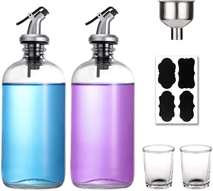 16-Ounce Glass Mouthwash Dispenser - Clear Glass Bottle with Pour Spout, Shot Glass, Funnel and Labels, Refillable Bosto
