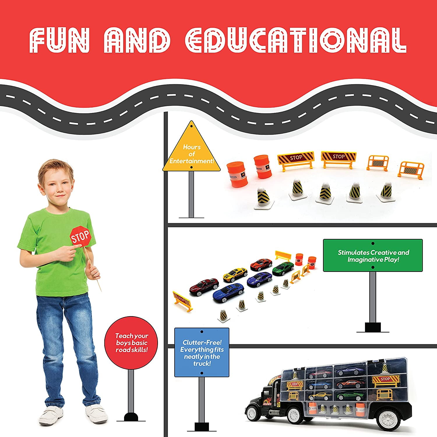 Toy Truck Transport Car Carrier Toy for Boys and Girls Age 3 - 10 yrs Old - Hauler Truck Includes 12 Toy Cars and Accessories - Car Truck Fits 28 Car Slots - Ideal Gift for Kids