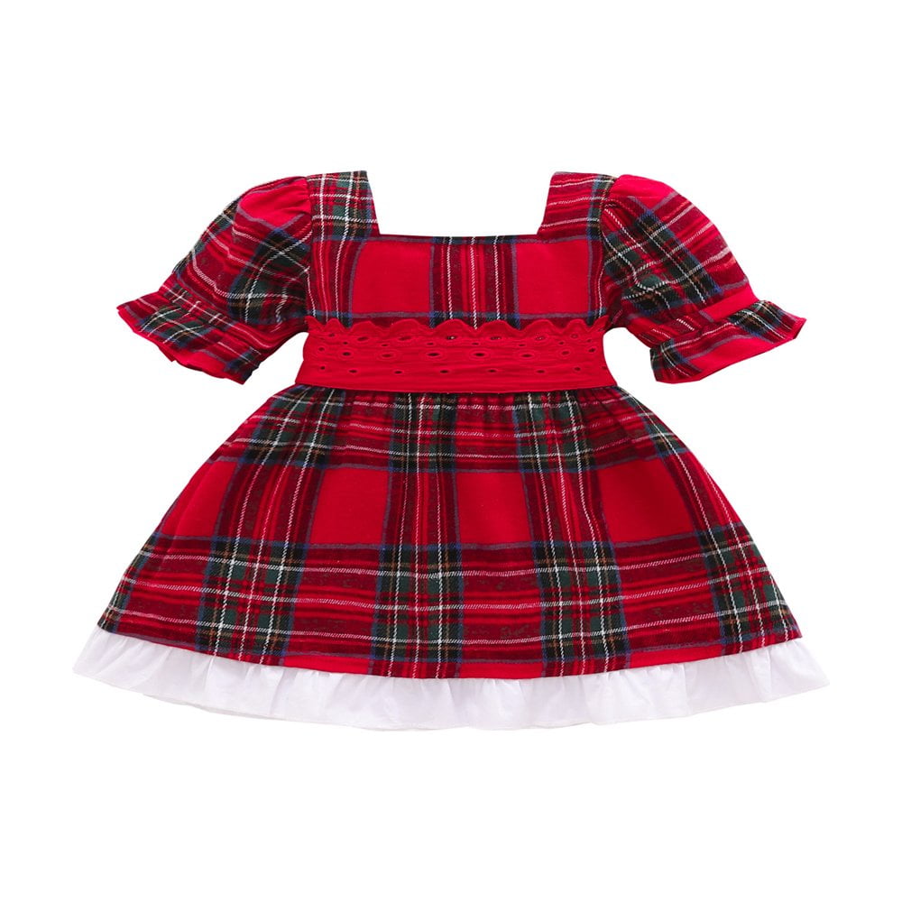 Robe De Noël Bébé Fille En Coton à Carreaux - Style A-line Avec Volants Et Nœud