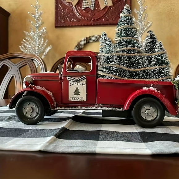 1pc Christmas Vintage Red Truck with Tree Figurine - Resin Collectible Tabletop Decor for Home & Holiday, Fashion Theme,DIY Felt Christmas Tree Set with Ornaments for Kids