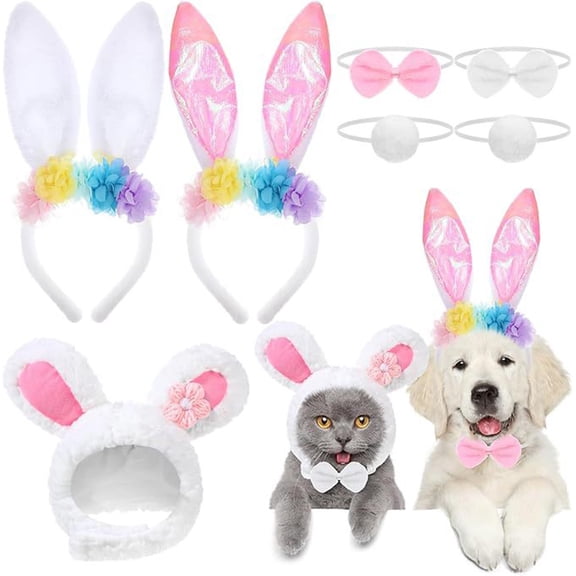 PEONAVET 3 Pcs Easter Dog Headbands, Cute Bunny Ear Headbands with 4 Bow Tie, Spring Adjustable Pet Costume for Easter Party Favors