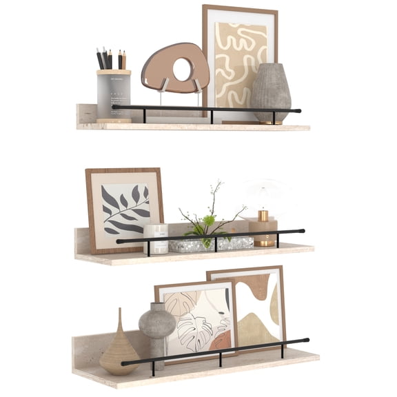 16 inch Floating Wall Shelves with Black Metal Guardrail Set of 3, Beige Wall Mounted Shelf for Bedroom Bathroom Kitchen Living Room, Different Sizes