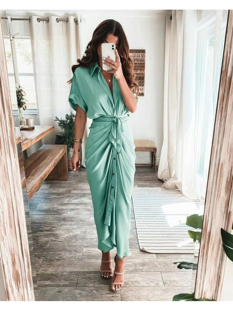Women 2024 Button Down Ruched Shirt Dresses Short Sleeve Lapel V Neck  Elegant Party Spring Summer Maxi Satin Dress
