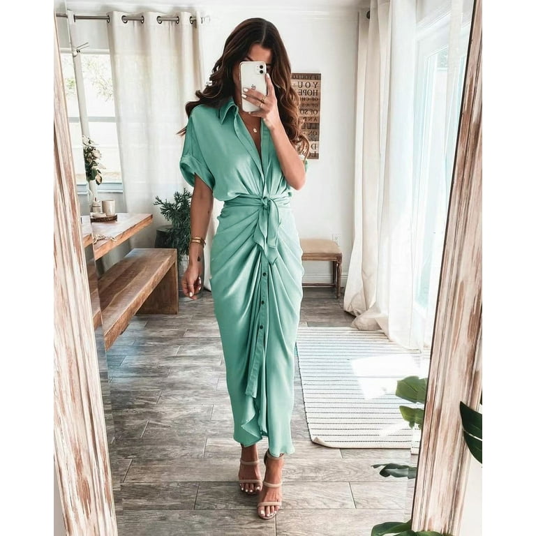 Women 2024 Button Down Ruched Shirt Dresses Short Sleeve Lapel V Neck  Elegant Party Spring Summer Maxi Satin Dress - Walmart.com
