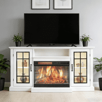 Festisoul 59'' Fireplace TV Stand, Entertainment Center with 24" Fireplace, TV Console Cabinet Electric Fireplace Heater with Frame and LED Light Colors, White