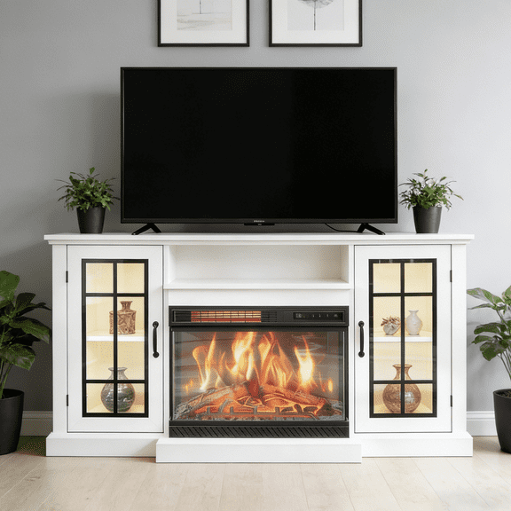 Festisoul 59'' Fireplace TV Stand, Entertainment Center with 24" Fireplace, TV Console Cabinet Electric Fireplace Heater with Frame and LED Light Colors, White