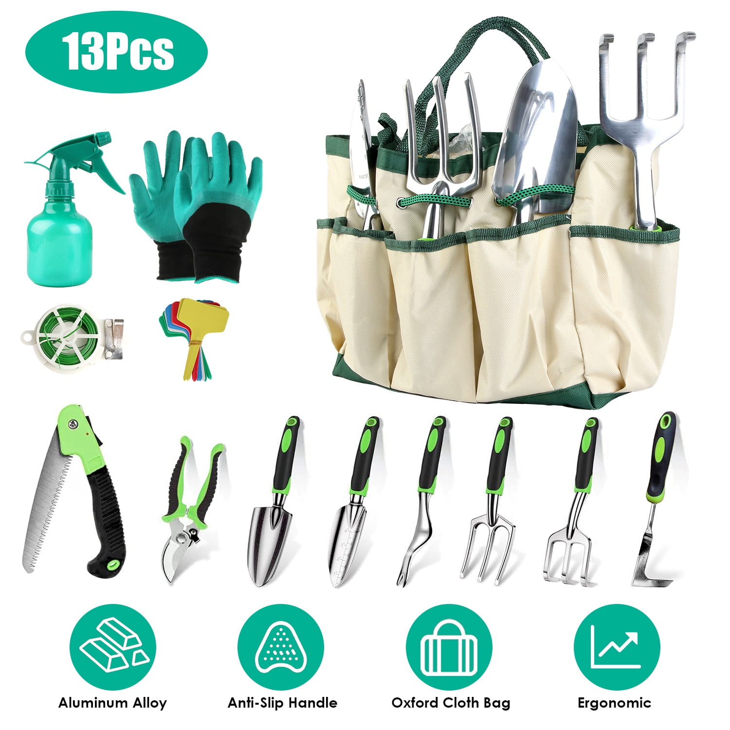 Gardening Tools with Non-Slip TPR Grip 13pcs Rust-Proof Heavy Duty Gardening Hand Tools Set with Oxford Garden Tools Organizer Handbag Ideal Gardening Gifts for Women Men