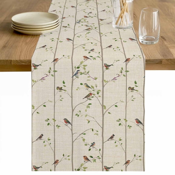 Sparrow Table Runner - 60 Inch Long Spring Birds on The Branches Retro Country Beige Cotton and Linen Blended Dress Scarves Farmhouse Table Runner for Kitchen Dining, Coffee Table, 13" x 60"
