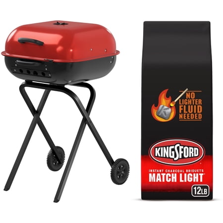 Americana Walk-A-Bout Portable Charcoal Grill with Wheels & Folding Legs, Red/Black, Bundle with Kingsford® 12 lb Instant Charcoal