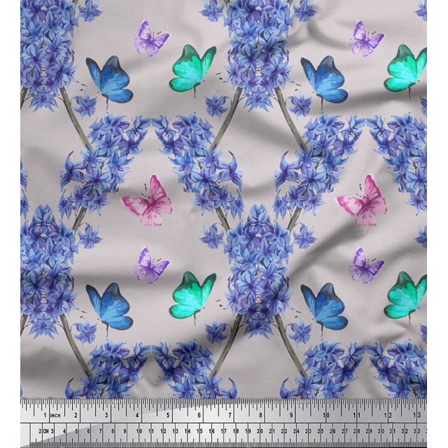 Soimoi Polyester Crepe Fabric Butterfly & Wildflower Floral Decor Fabric Printed Yard 42 Inch Wide