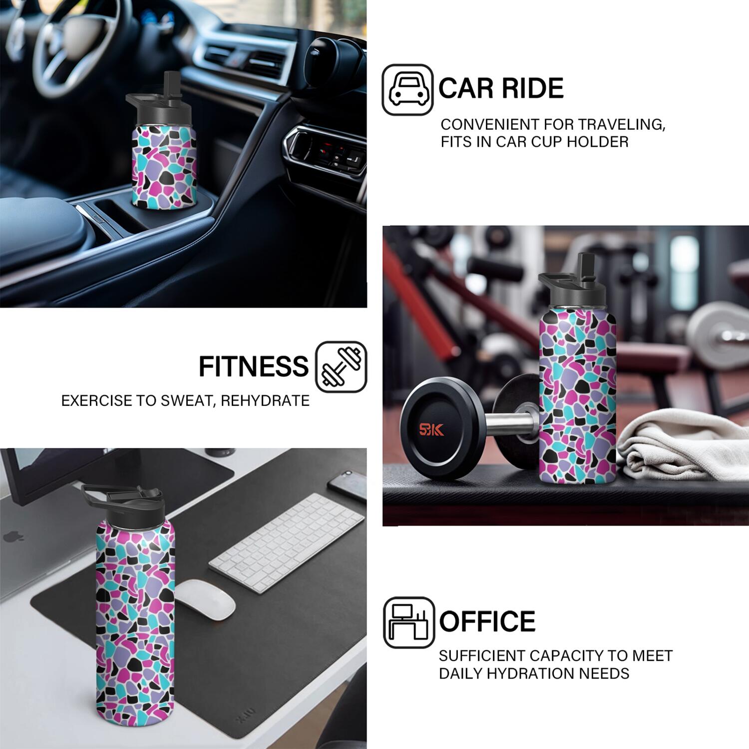 Leopard Print Insulated Stainless Steel Water Bottle with Straw & Cleaning Brush – 18 Oz | Leakproof, BPA-Free, 304 Stainless Steel, Wide Mouth, Travel Mug for Car, Gym, Office