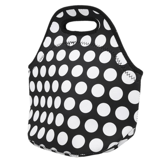 Waterproof Neoprene Insulated Lunch Bag for Picnic and Camping, Black and White Polka Dots