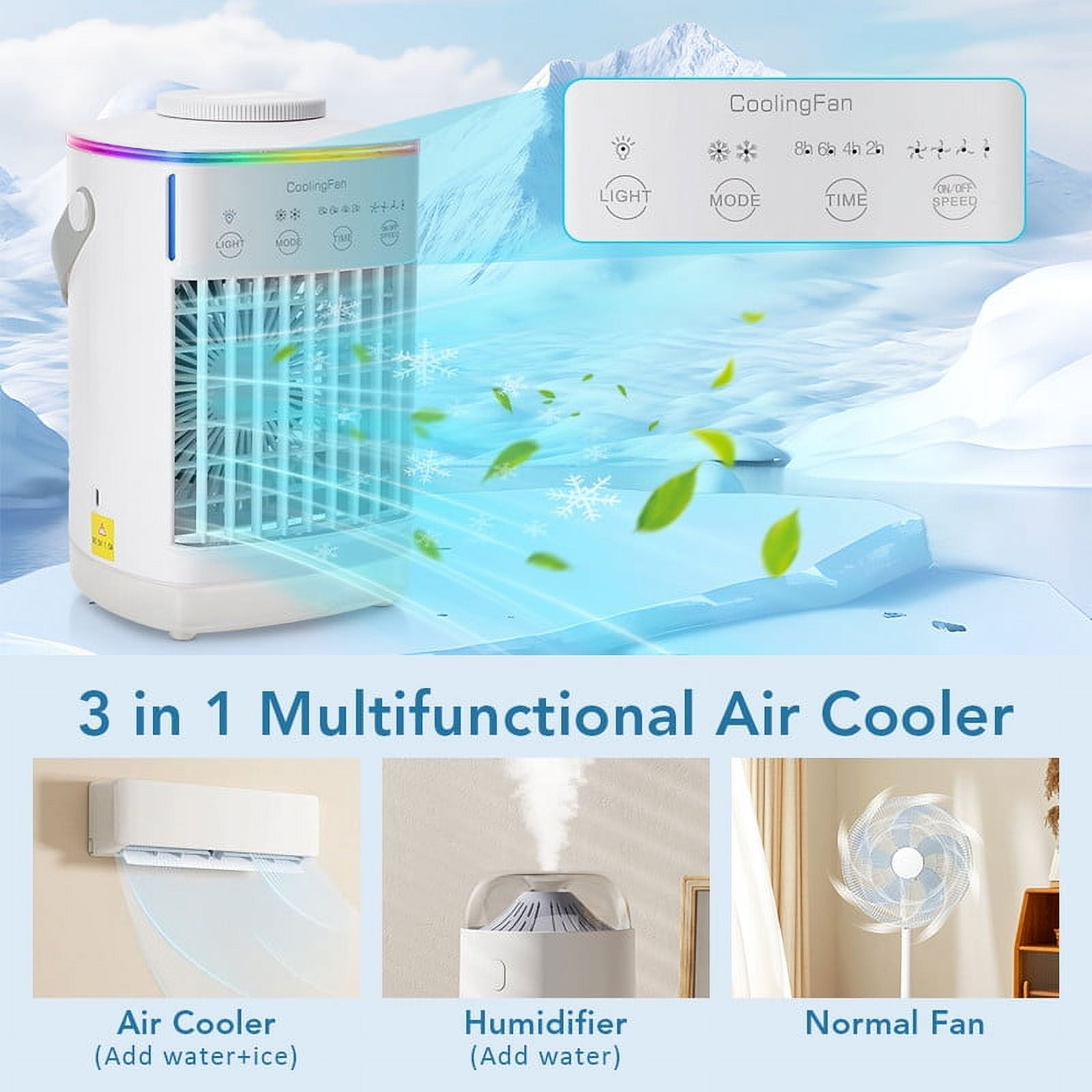 HailiCare Mini Portable Air Conditioner, 6-in-1 Evaporative Coolers with Mist Sprayer Function,Air Cooler with 4 Speeds and 7 Color LED Light for Home Bedroom Office