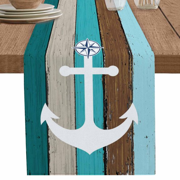 nqOlkjepod Coastal Anchor Table Runner 90 Inches Long Farmhouse Dress Scarves, Turquoise Brown Ombre Rustic Wooden Grain Dining Tablerunner for Coffee Table/Kitchen Island/Party Décor, 13" x 90"
