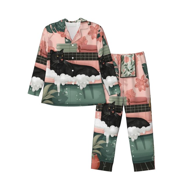 Fotbe Black Cat Pink Bathroom Pijama de Hombre con Estampado de Manga Larga, Conjunto de 2 Piezas, Ropa de Dormir Suave y Cómoda con Bolsillos-Large