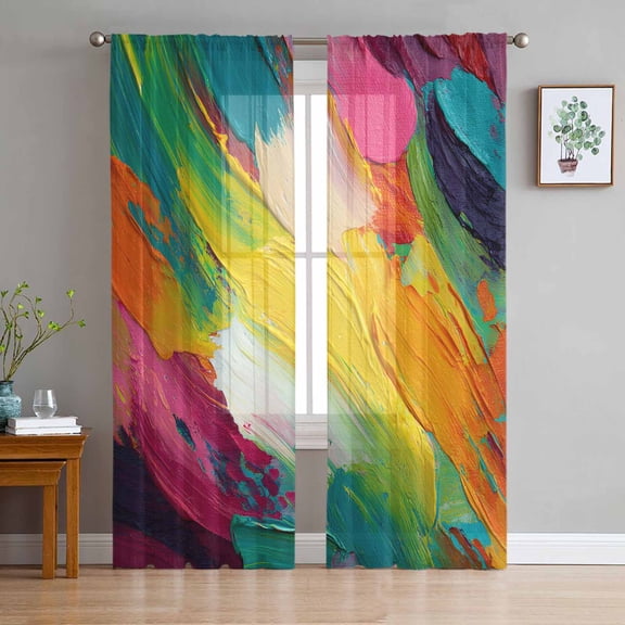 ERUNPONLY Colorful Pigment Sheer Curtains 84 Inch Length 2 Panels Set, Abstract Color Block Oil Painting Voile Window Treatment Curtains Sheers Drapes for Bedroom/Living Room/Kitchen 52"x84"x2