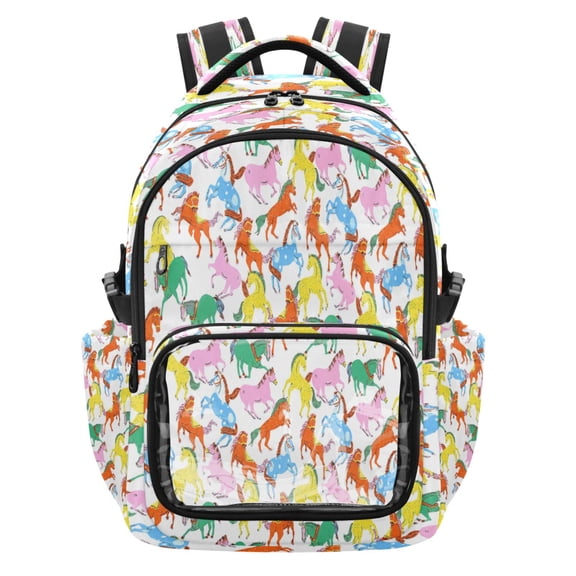 Qxltty Colorful Horse Backpack School Bookbag with Clear PVC Front Pocket, Laptop Compartment, Water Resistant Travel Daypack for Students