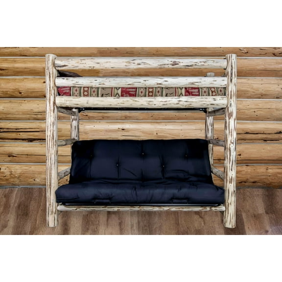Montana Collection Twin Bunk Bed over Full Futon Frame w/ Mattress, Clear Lacquer Finish