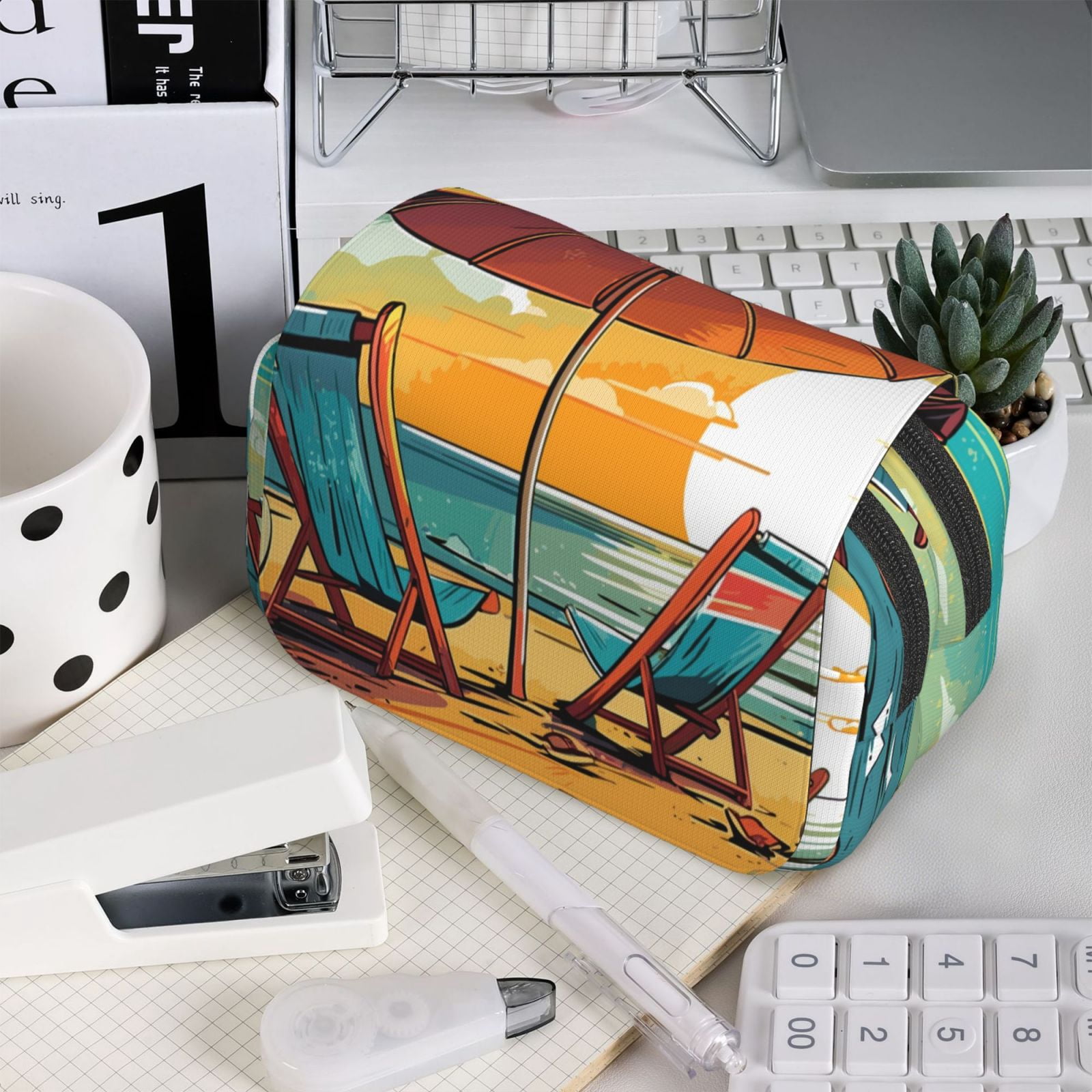 Rateoe Vintage Beach Sunset Pattern Double Clamshell Pen Case, Storage Organizer with Two Zipper Compartments– Holds Up to 50 Pencils & Pens