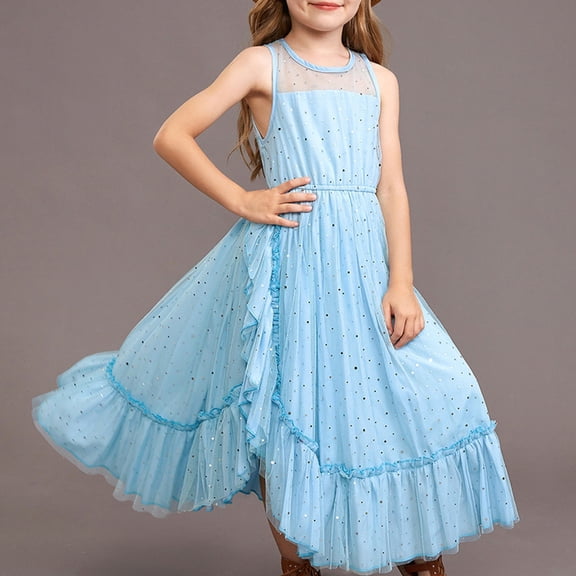 Girls Sleeveless Sequin Tulle Maxi Dress - Mesh Yoke Ruffle Hem Flowy Party Dress for Kids 6-12 Sky Blue 110