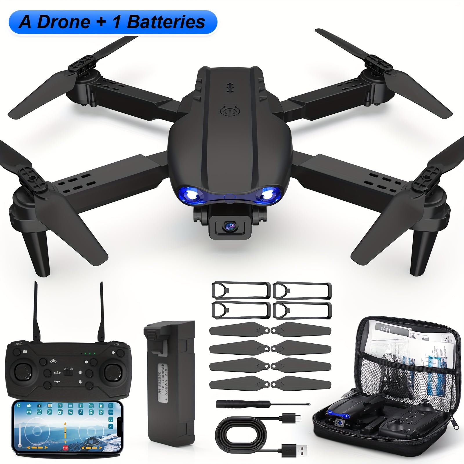 E99 Drone with Camera, Foldable Rc Drone with APP Control, Real-time Video Remote Control Quadcopter, Comes with 2 Batteries, Birthday Gift Indoor And Outdoor Drone Aircraft,  Easter Gift