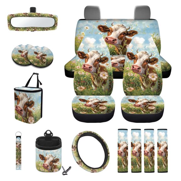 Uorisanigo Cow Print Car Interior Seat Covers Funny Seat Cover Full Set Car Accessories with Auto Steering Wheel Covers,Cars Seats Belt Cover,Auto Trash Can,Vehicle Vent Storage Gift for Friends