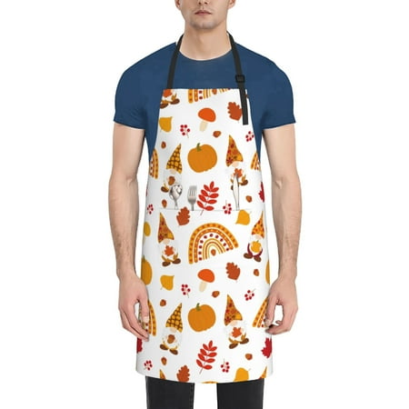 

Xecao Fall Gnomes Harvest Print Kitchen Cooking Aprons Waterproof Adjustable Bib Aprons with 2 Pockets for Women Men Chef