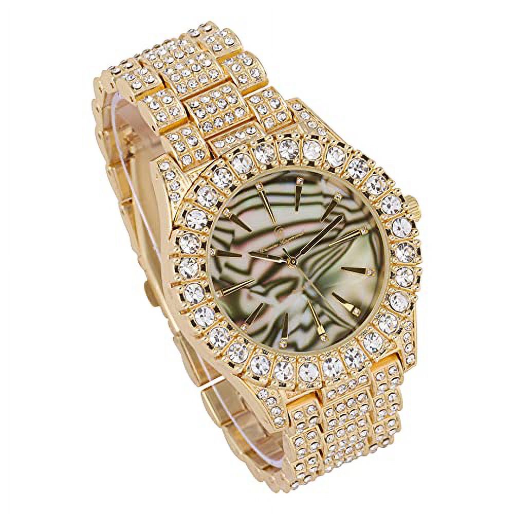 Charles Raymond Mens Blinged Out Gold Big Rocks Timepiece w/Minimilist Index Time Indicators Overlayed on Beautiful Colorful Mother of Pearl Hip Hop Iced Out Dials - ST10327MO (Safari Abalone MOP)