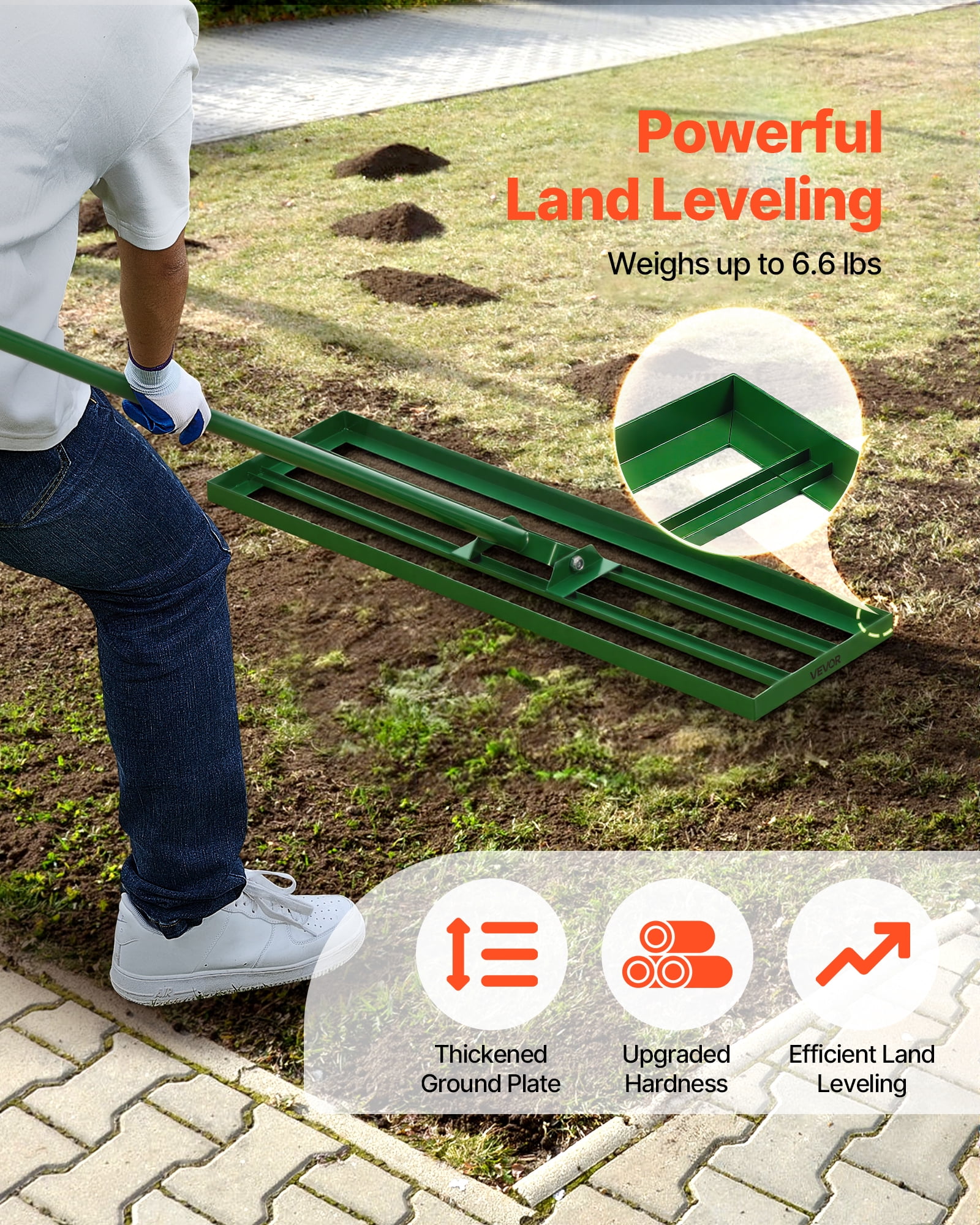 VEVOR Lawn Leveling Rake, 36"x10" Level Lawn Tool, Heavy-duty Lawn Leveler with 78" Steel Extended Handle, Yard Leveling Rake Suit for Garden, Golf Lawn, Farm
