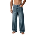 thumbnail image 2 of JUSLIO Mens Jeans,Vintage Washed Wide Leg Loose Straight Casual Denim Jeans,Dark Blue M, 2 of 8