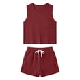 thumbnail image 4 of FINALGANG Womens Waffle Knit Two Piece Outfit Crew Neck Sleeveless Tank Top With Pocket Drawstring Waist Shorts Casual Matching Set For Loungewear Daily Wear Leisure Set, 4 of 4