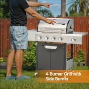 4 Burner BBQ Propane Gas Grill with Side Burner, Outdoor Stainless Steel 46790 BTU Patio Garden BBQ Grill with Lid, Wheels for Camping, Outdoor Cooking