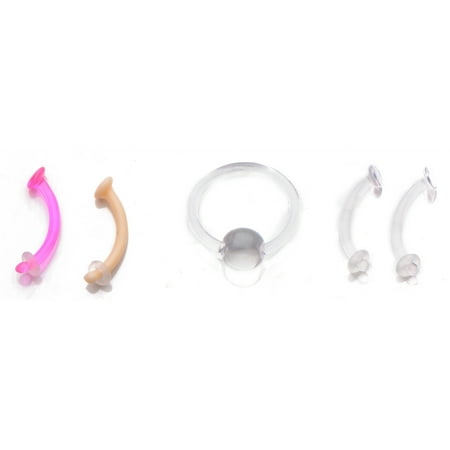 Body Art Body Jewelry 16 Gauge Acrylic Eyebrow Retainer Curves and Captive, Pink, Clear, Flesh Tone, 5-Piece Set