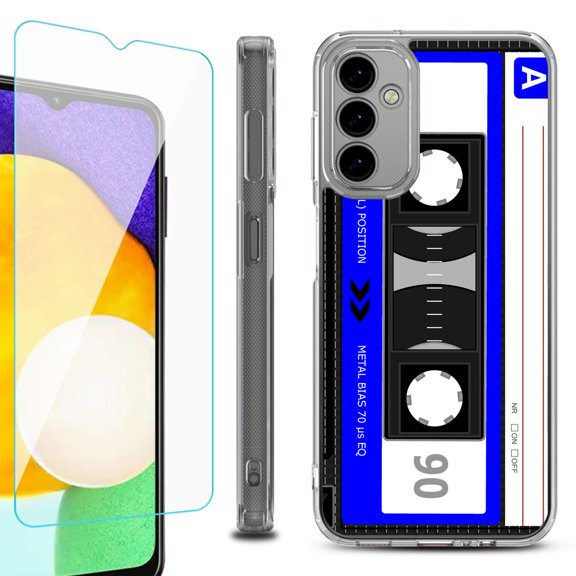 Shockproof Bumper Phone Case for Samsung Galaxy A14 5G, with Tempered Glass Screen Protector, by OneToughShield ® - Cassette Blue